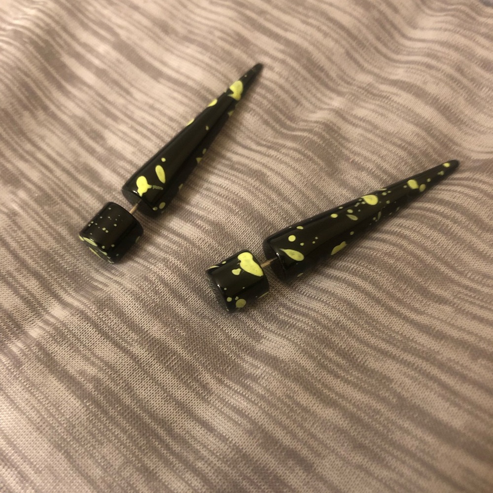 Neon Green Splatter and Black Acrylic Fake Faux Gauge Spike Plugs